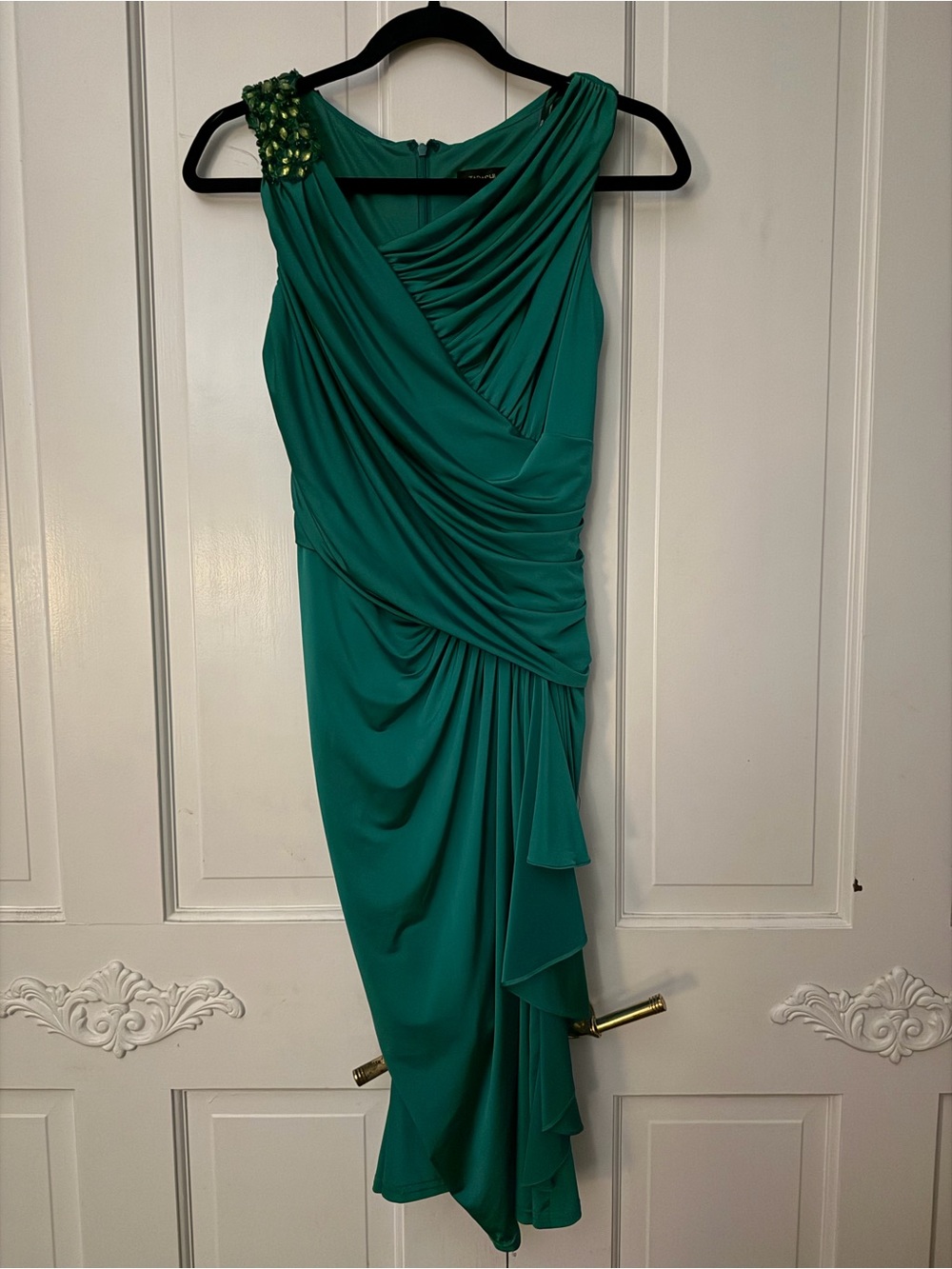 Tadashi Shoji NWT Emerald Green Ruched Embellished Gown Dress XS $328